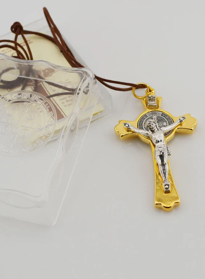 Saint Benedict Golden Cross Pendant with Cord (pic 4)