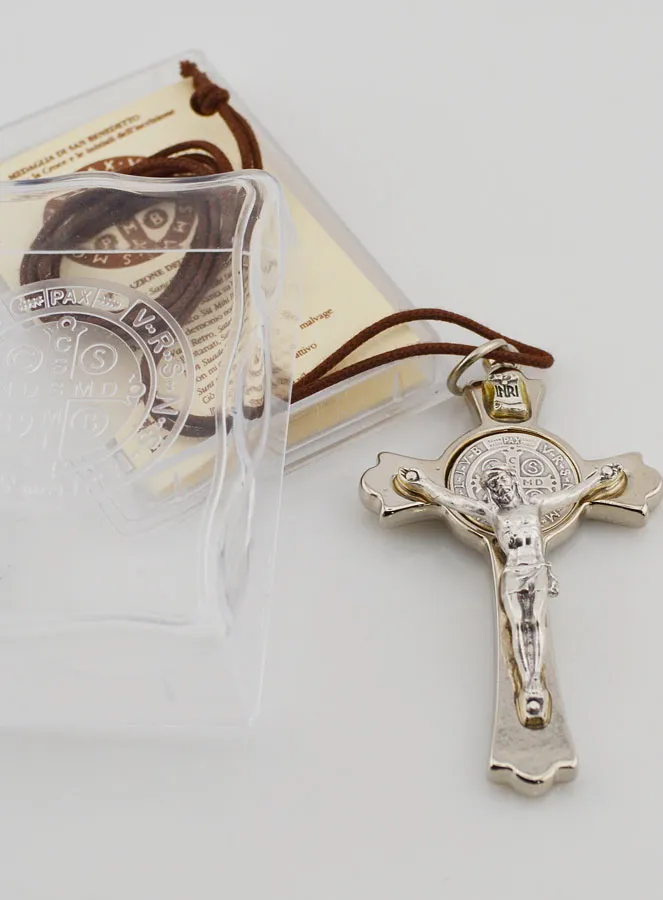 Saint Benedict Silvery Cross Pendant with Cord (pic 4)