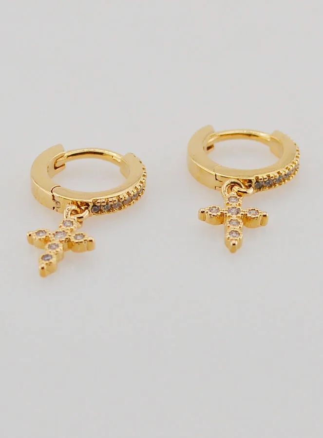 Gold Plated & Zircons Orthodox Cross Hoop Earrings (pic 4)
