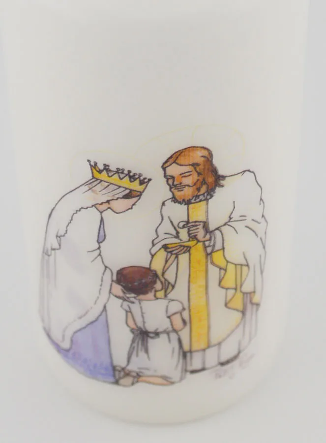 Communion Candle - Receive the Eucharist - Jesus & Mary - Girl with brown hair (pic 4)