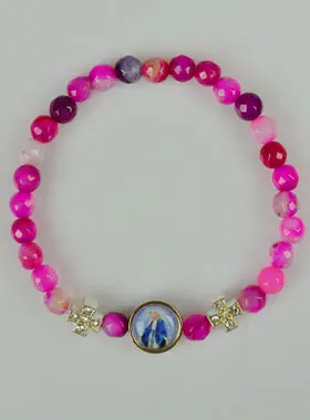Religious Bracelet Pink Agate - Miraculous Madonna Cross & Medal (pic 1)