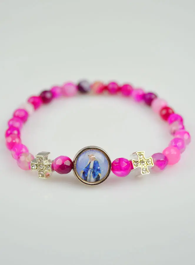 Religious Bracelet Pink Agate - Miraculous Madonna Cross & Medal (pic 2)