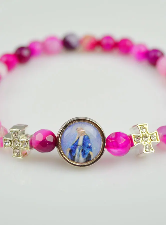 Religious Bracelet Pink Agate - Miraculous Madonna Cross & Medal (pic 3)