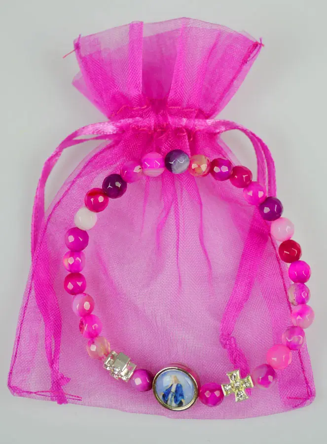 Religious Bracelet Pink Agate - Miraculous Madonna Cross & Medal (pic 4)