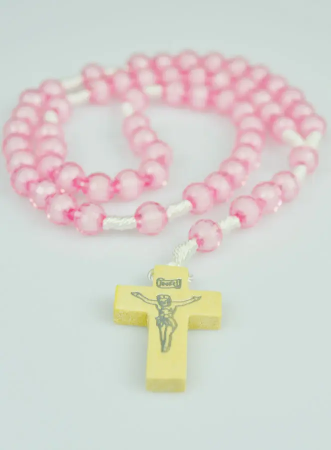 thumbnail image 2 of Pink Pearl Rosary Necklace - 6mm Beads With Jerusalem Crucifix - Lourdes Center, 18.5" 2 of 6