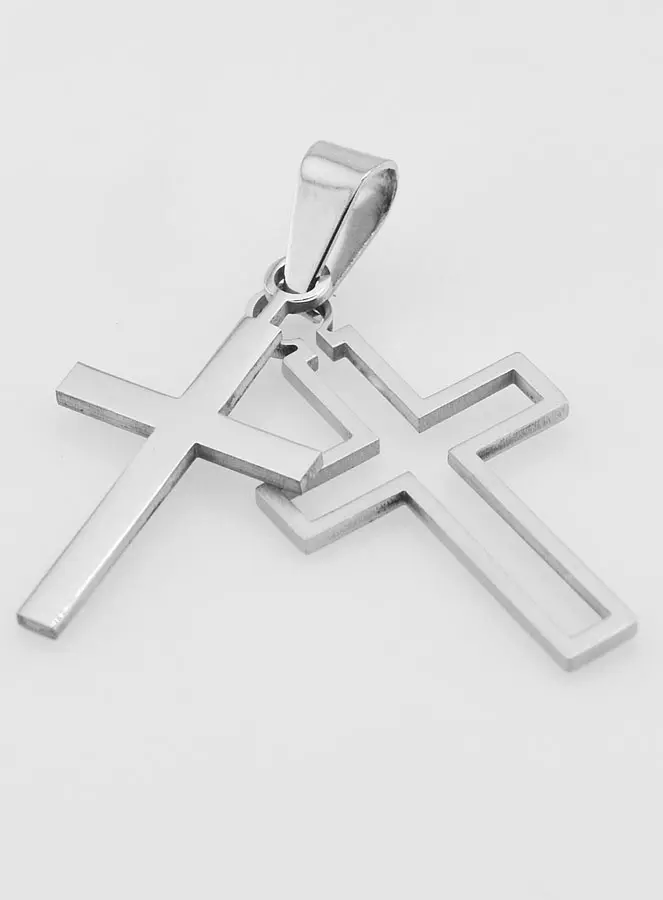 Double Cross Pendant in Stainless Steel 28mm Lourdes Giftshop