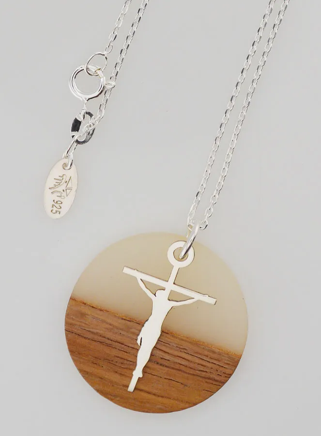 Religious Necklace Silver - Wood Resin Pendant and Cross of Jesus (pic 1)