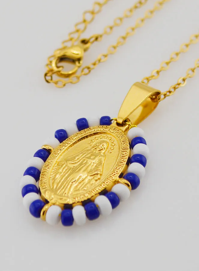 Religious Necklace and Miraculous Medal - White and Blue Beads (pic 1)