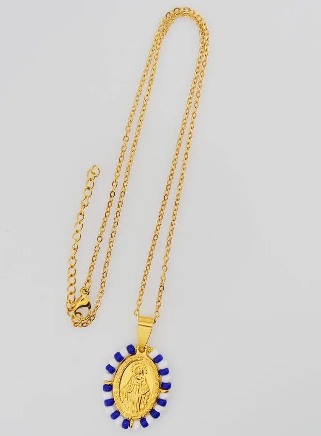 Religious Necklace and Miraculous Medal - White and Blue Beads (pic 2)