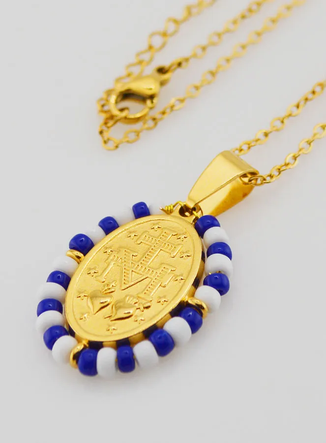 Religious Necklace and Miraculous Medal - White and Blue Beads (pic 3)