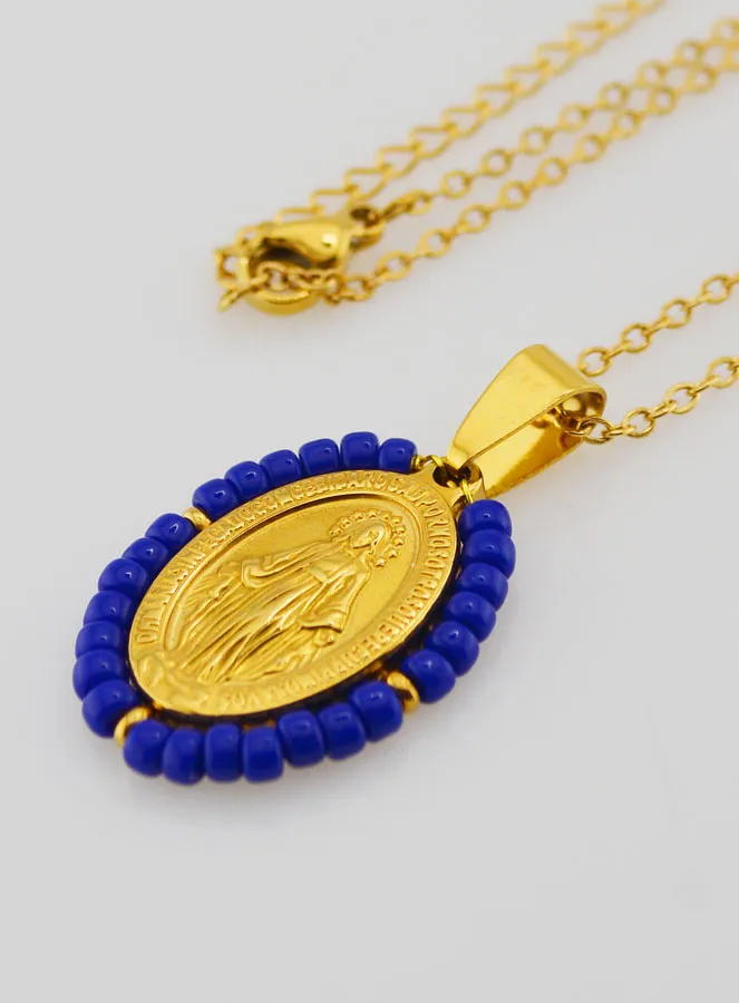 Religious Necklace and Miraculous Medal - Dark Blue Beads (pic 1)