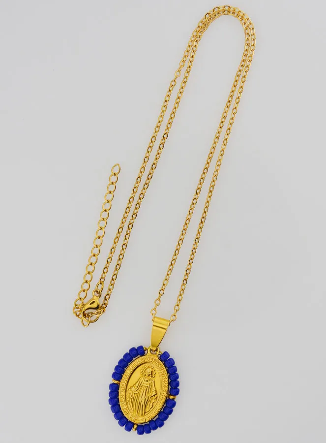 Religious Necklace and Miraculous Medal - Dark Blue Beads (pic 2)