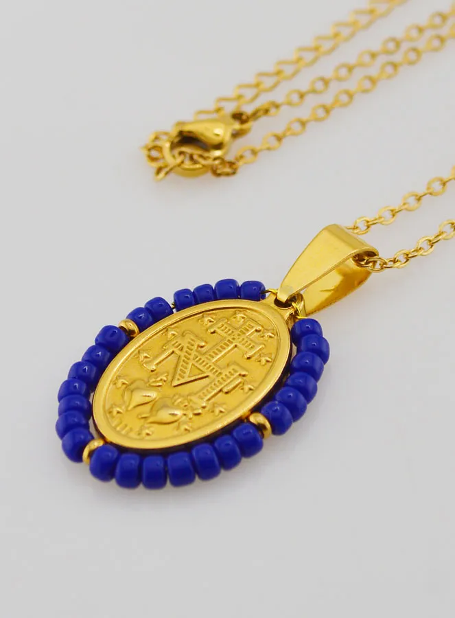 Religious Necklace and Miraculous Medal - Dark Blue Beads (pic 3)