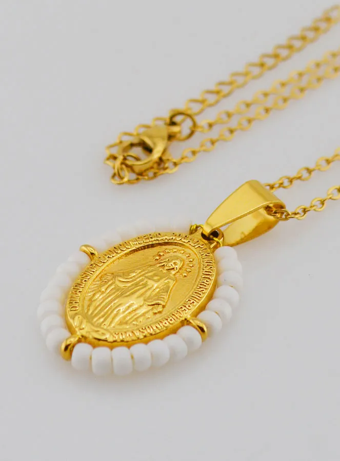 Religious Necklace and Miraculous Medal - White Beads (pic 1)