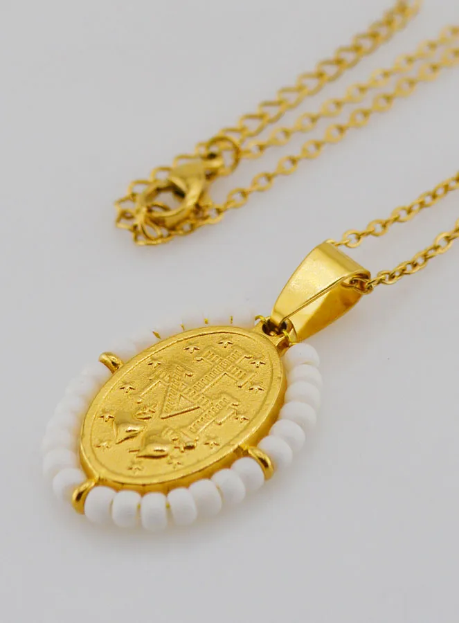 Religious Necklace and Miraculous Medal - White Beads (pic 2)