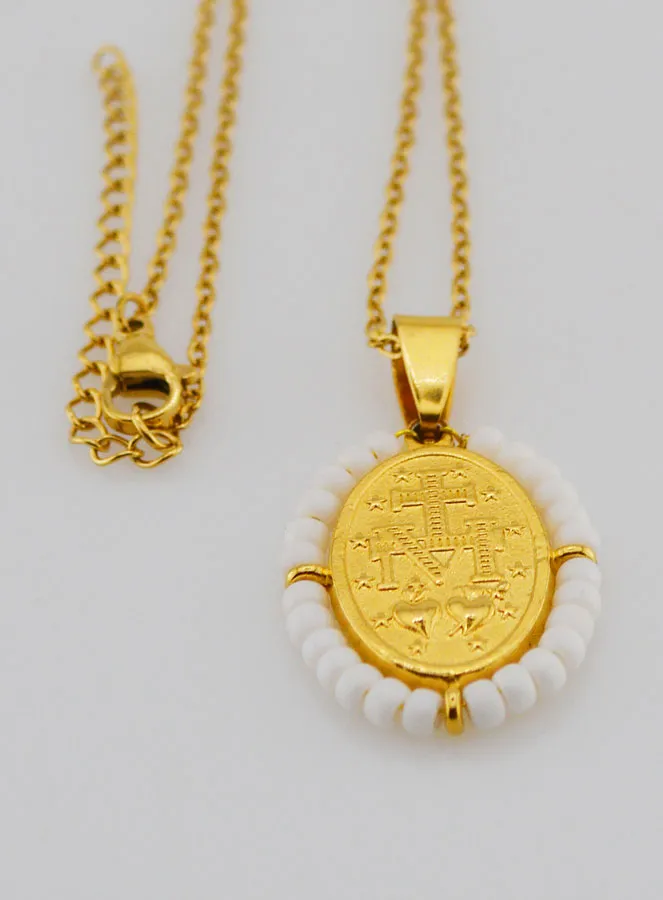 Religious Necklace and Miraculous Medal - White Beads (pic 3)