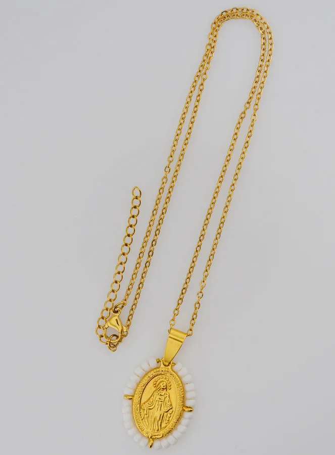 Religious Necklace and Miraculous Medal - White Beads (pic 4)