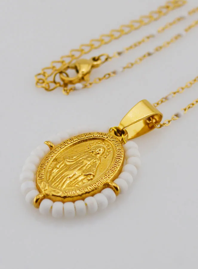 Religious Necklace with Beads and Miraculous Medal - White (pic 1)