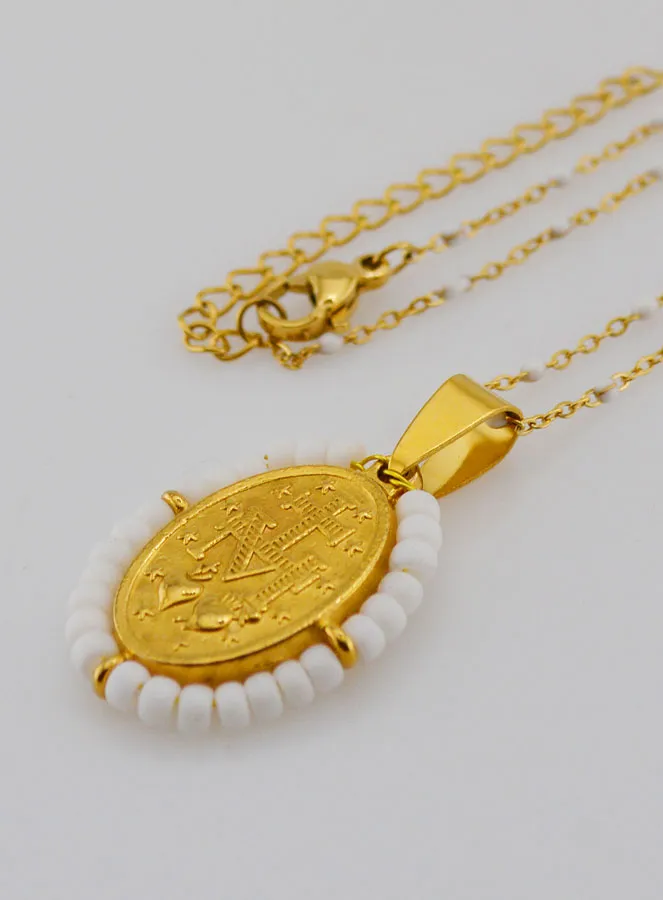 Religious Necklace with Beads and Miraculous Medal - White (pic 2)