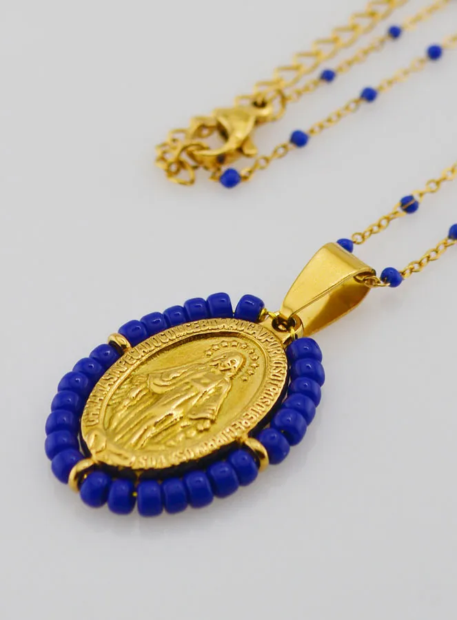Miraculous Medal with Beads + Necklace Dark Blue Beads (pic 1)