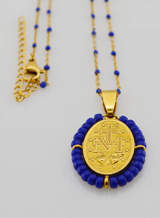 Miraculous Medal with Beads + Necklace Dark Blue Beads (pic 3)