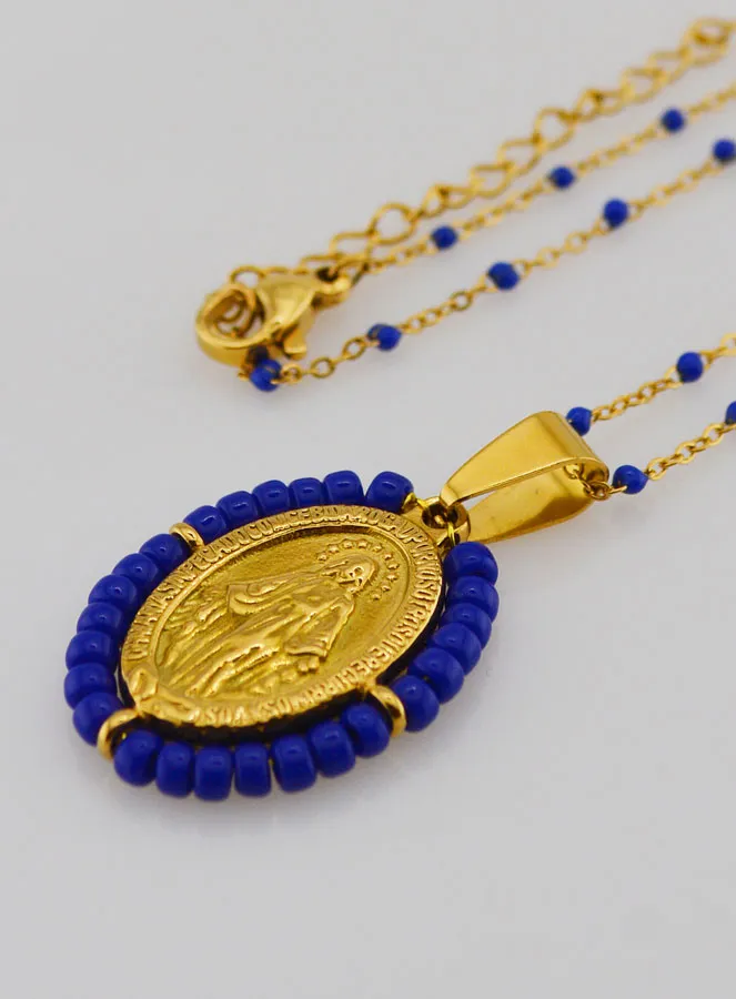 Religious Necklace with Beads and Miraculous Medal - Dark Blue (pic 1)
