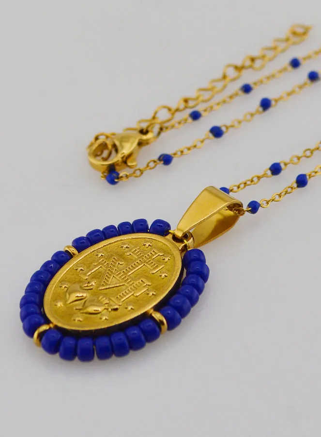 Religious Necklace with Beads and Miraculous Medal - Dark Blue (pic 2)
