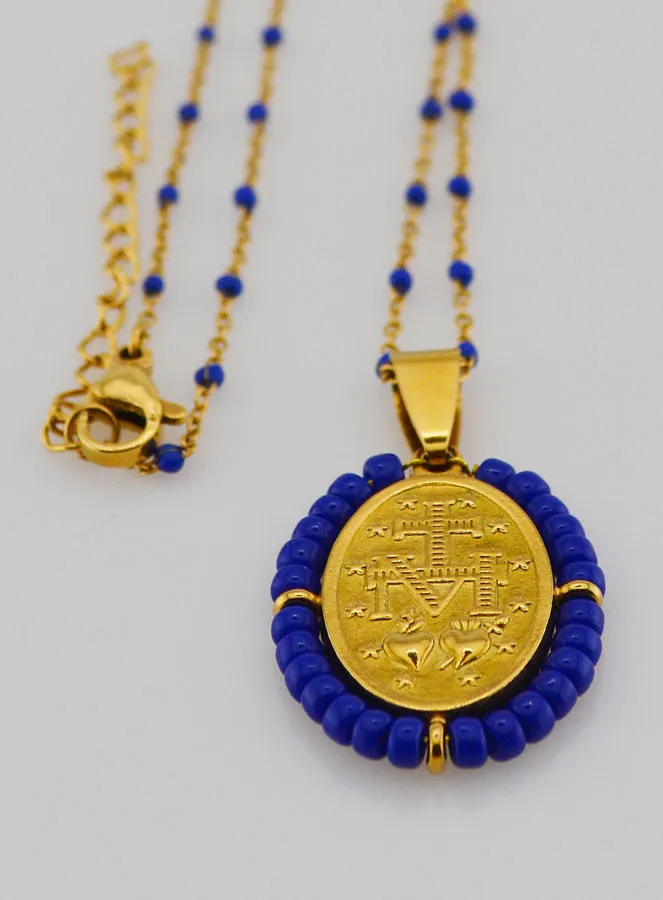 Religious Necklace with Beads and Miraculous Medal - Dark Blue (pic 3)