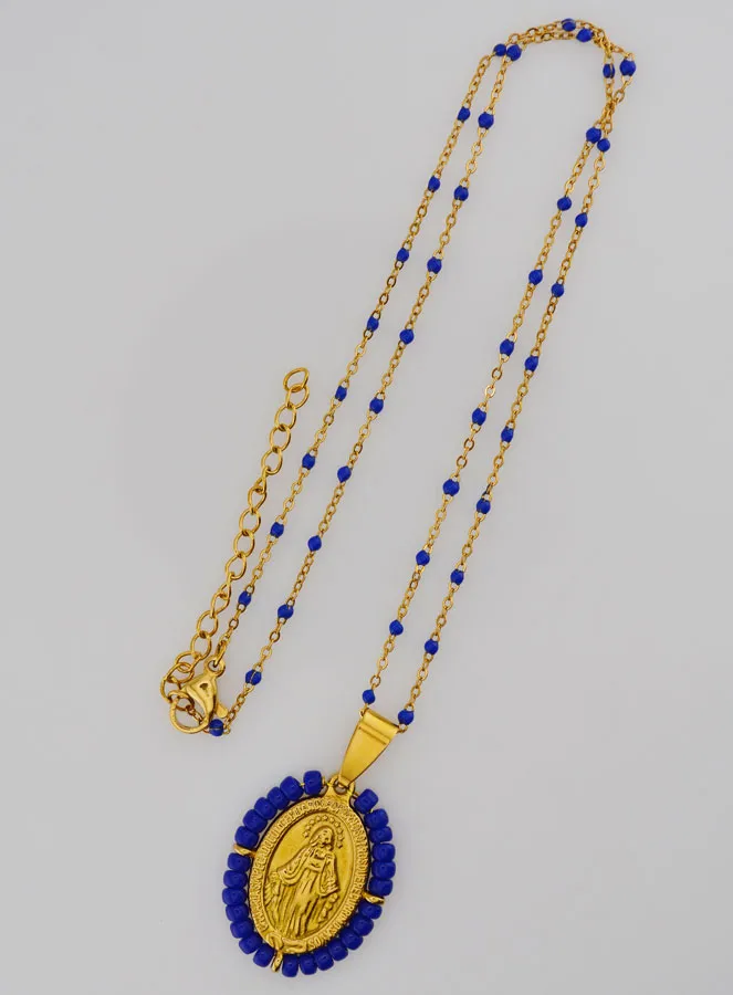 Religious Necklace with Beads and Miraculous Medal - Dark Blue (pic 4)