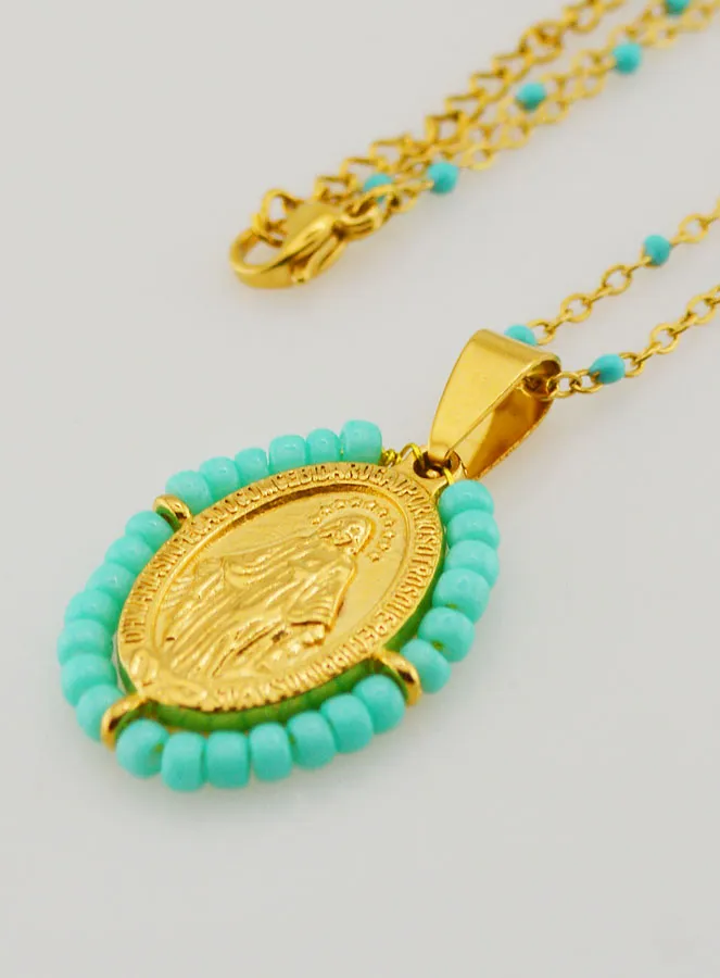 Miraculous Medal with Beads + Turquoise Blue Beaded Necklace (pic 1)
