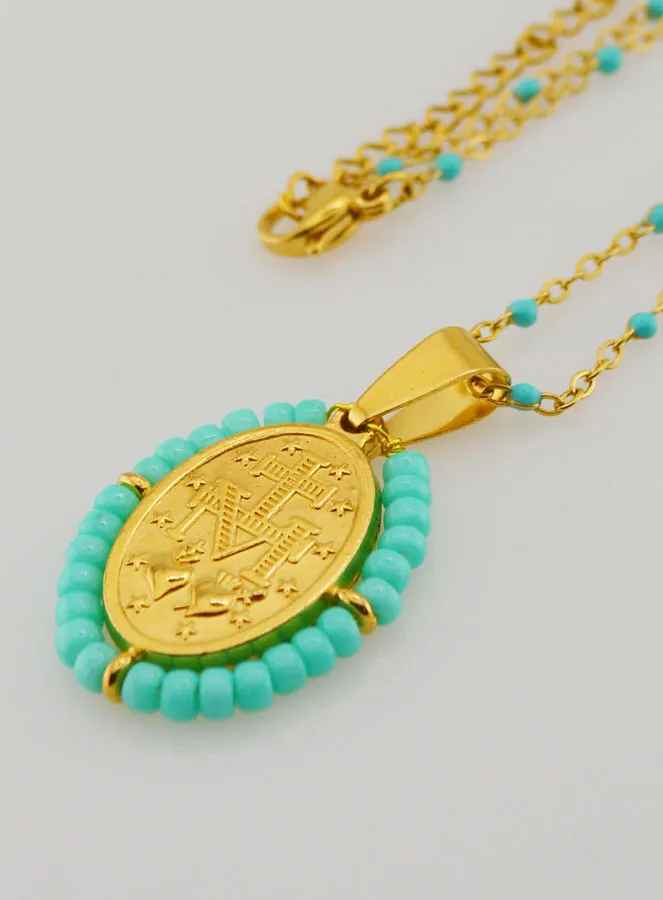 Miraculous Medal with Beads + Turquoise Blue Beaded Necklace (pic 2)