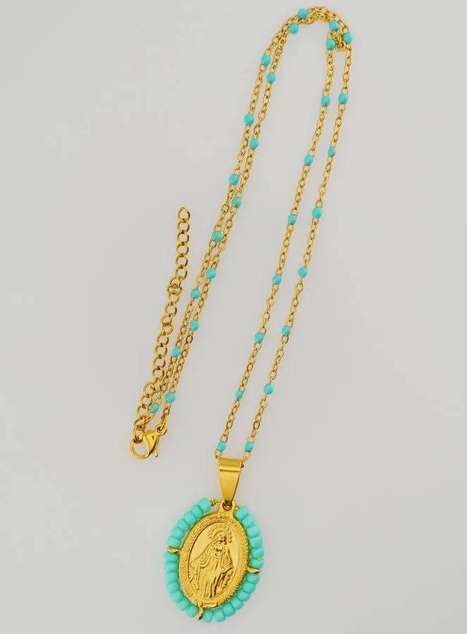 Miraculous Medal with Beads + Turquoise Blue Beaded Necklace (pic 4)