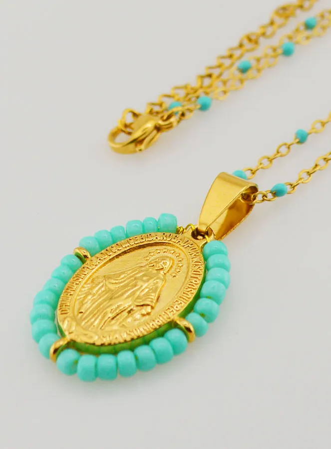 Religious Necklace with Beads and Miraculous Medal - Turquoise Blue (pic 1)