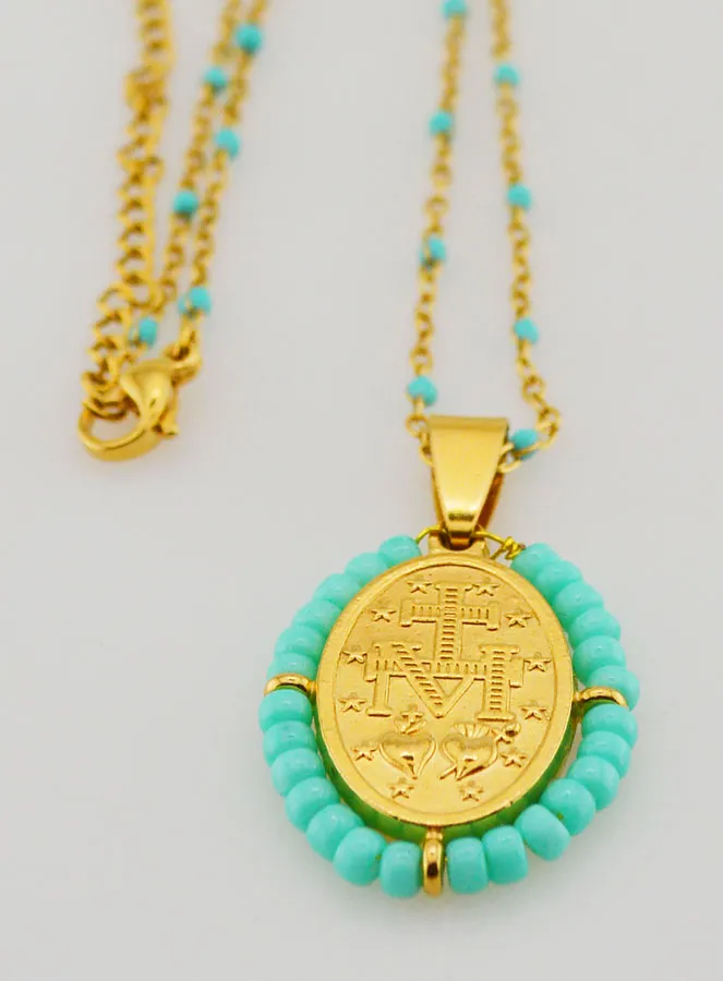 Religious Necklace with Beads and Miraculous Medal - Turquoise Blue (pic 3)