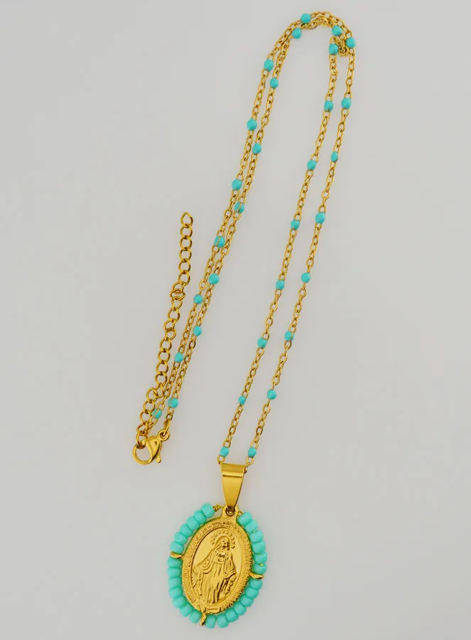 Religious Necklace with Beads and Miraculous Medal - Turquoise Blue (pic 4)