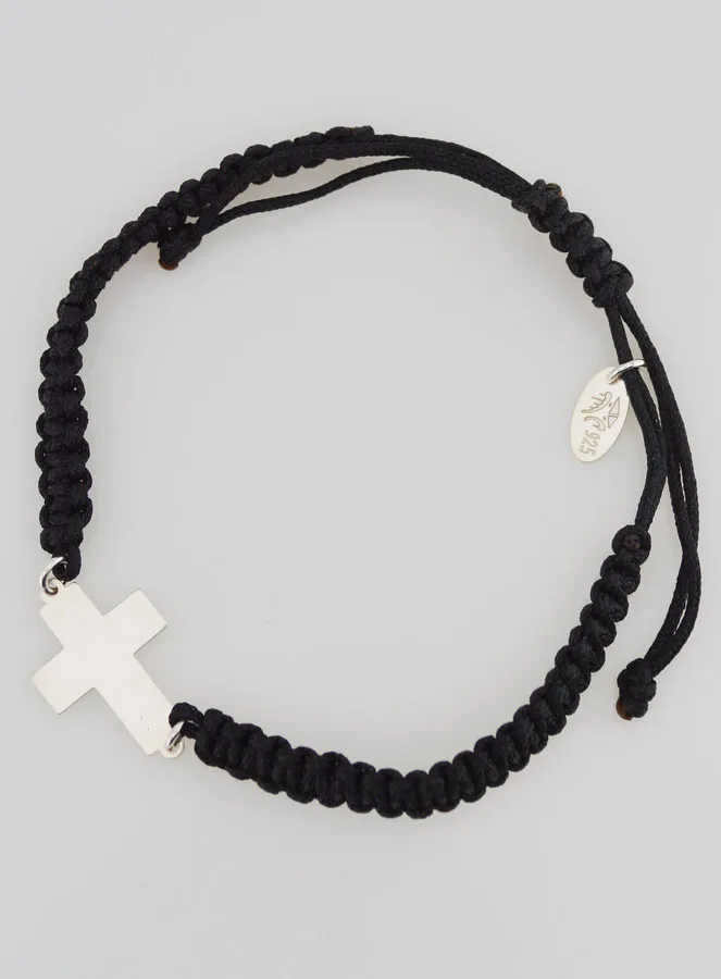 Black Braided Rope Bracelet - Silver Cross (pic 1)
