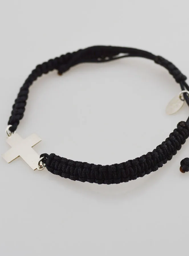 Black Braided Rope Bracelet - Silver Cross (pic 2)
