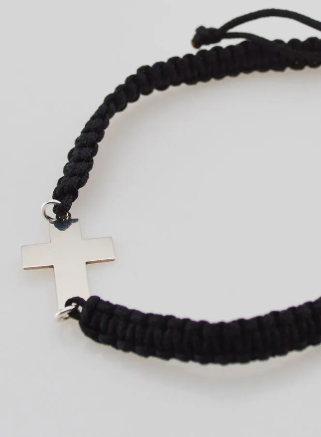 Black Braided Rope Bracelet - Silver Cross (pic 3)