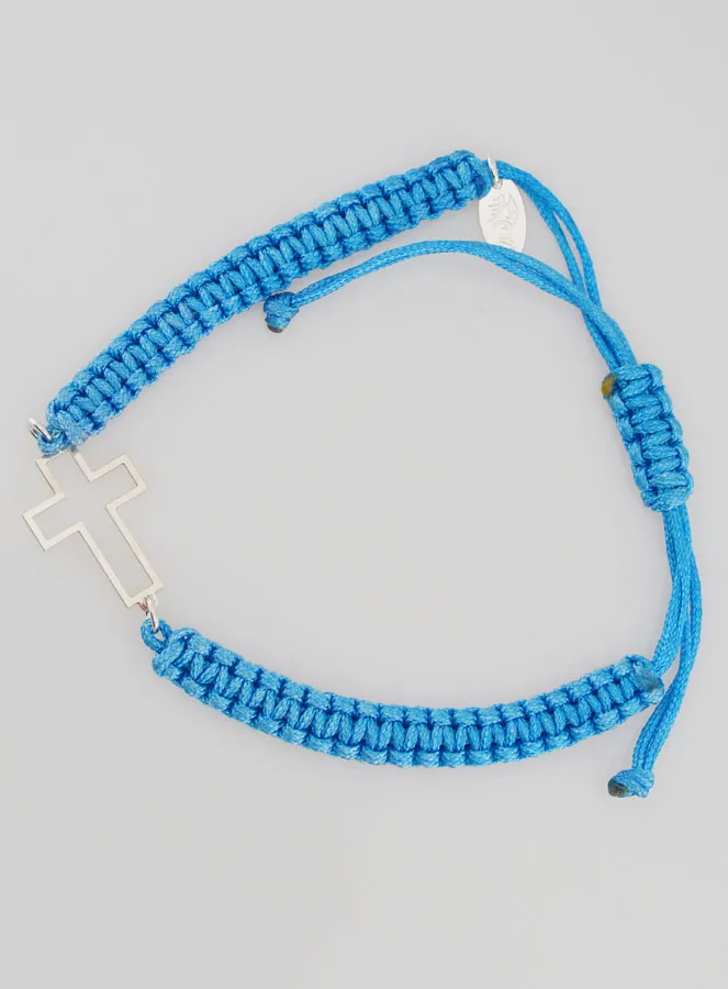 Blue Braided Rope Bracelet - Silver Openwork Cross (pic 1)