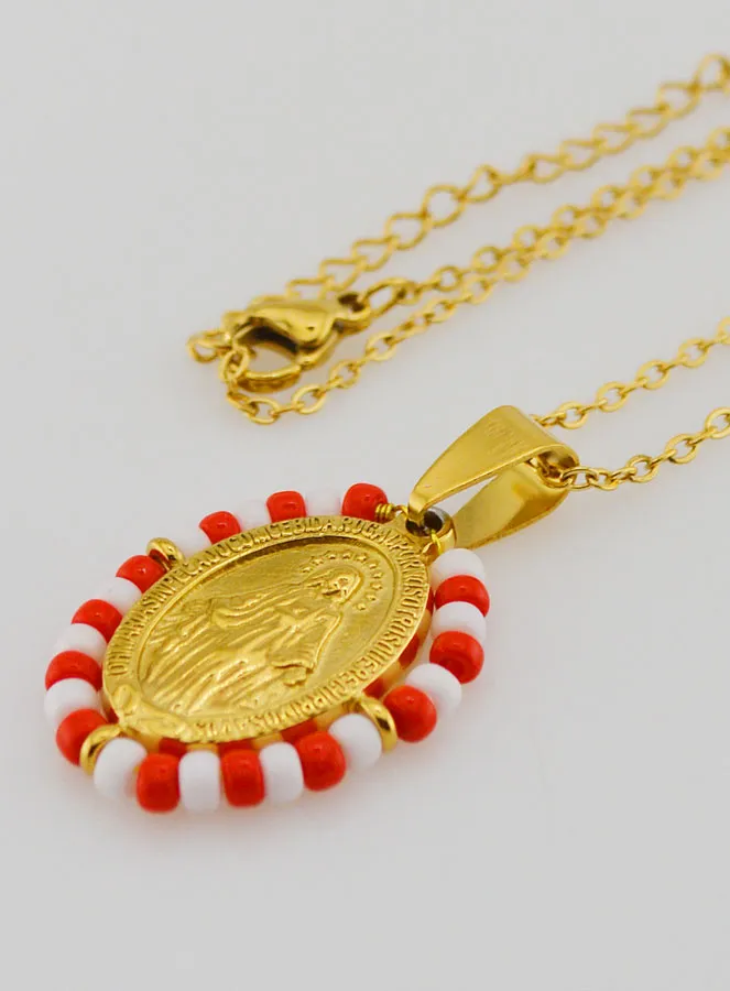 Miraculous Medal + Necklace - Red and White Beads (pic 1)