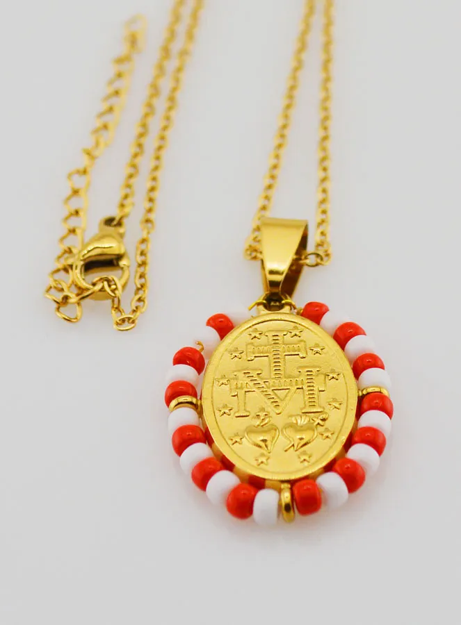 Miraculous Medal + Necklace - Red and White Beads (pic 3)