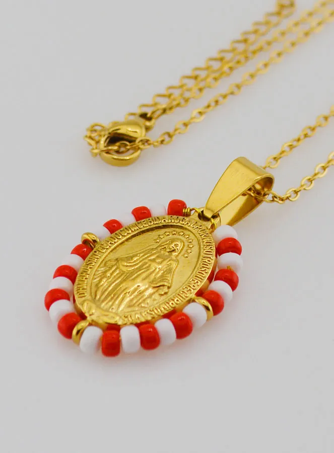 Religious Necklace and Miraculous Medal - Red and White Beads (pic 1)
