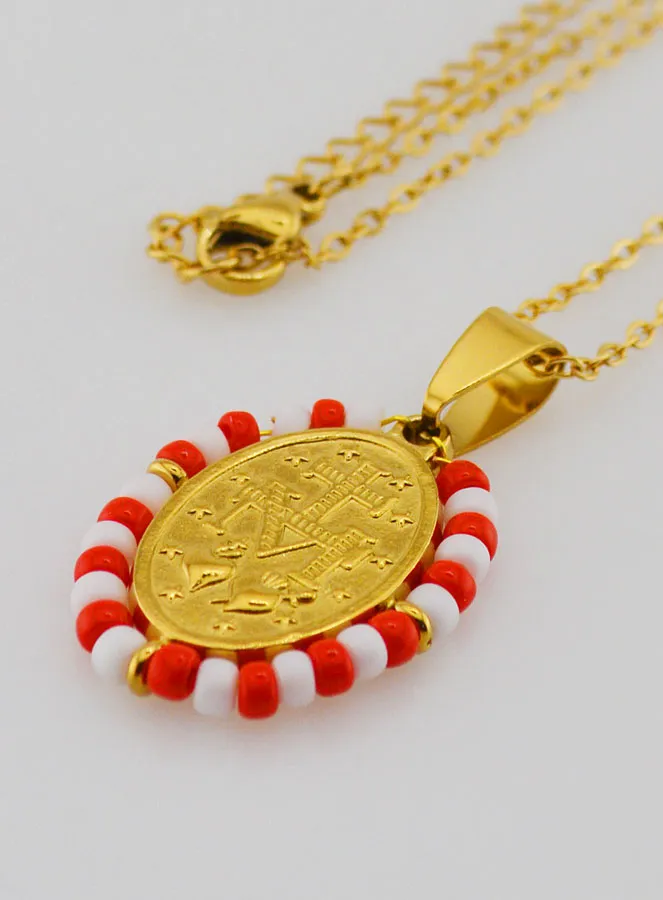 Religious Necklace and Miraculous Medal - Red and White Beads (pic 2)