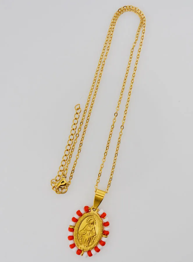 Religious Necklace and Miraculous Medal - Red and White Beads (pic 3)
