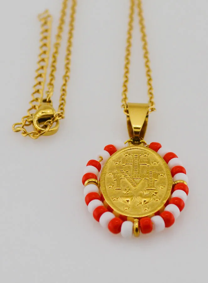 Religious Necklace and Miraculous Medal - Red and White Beads (pic 4)