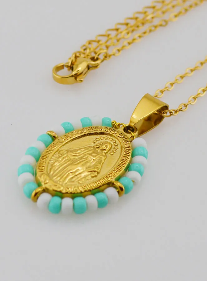 Religious Necklace and Miraculous Medal - Turquoise and White Beads (pic 1)