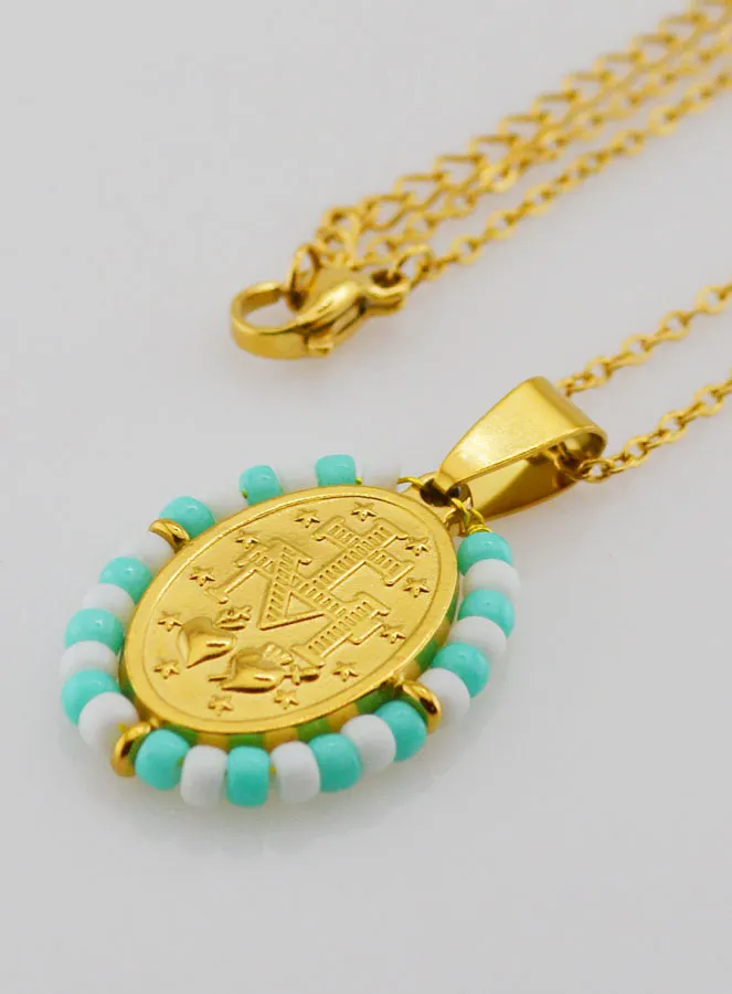 Religious Necklace and Miraculous Medal - Turquoise and White Beads (pic 2)