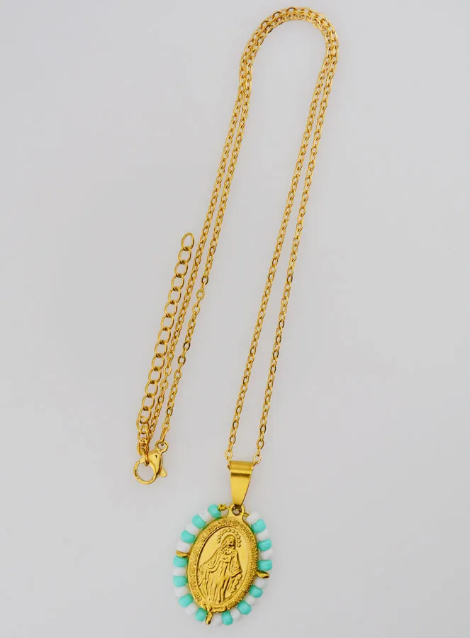 Religious Necklace and Miraculous Medal - Turquoise and White Beads (pic 3)