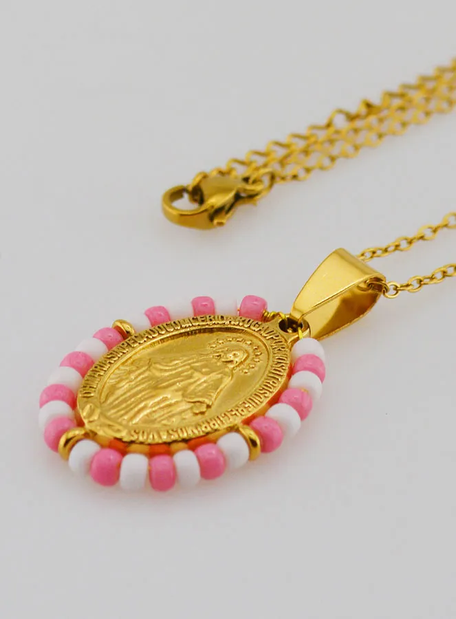 Religious Necklace and Miraculous Medal - Pink and White Beads (pic 1)