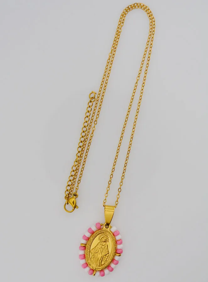 Religious Necklace and Miraculous Medal - Pink and White Beads (pic 4)